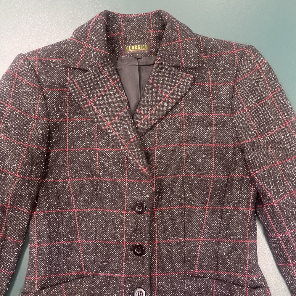Vintage Y2K Georgiou Studio Wool Blend Plaid Blazer Jacket Red Black Sz 4